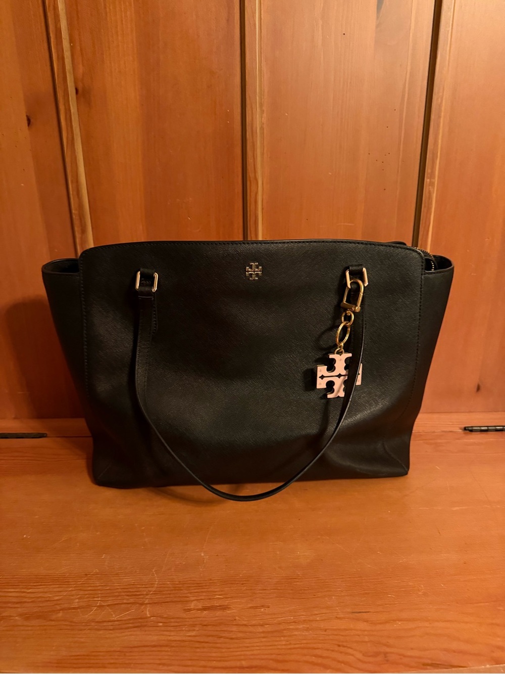 Tory Burch Black Leather Tote with Gold Hardware and Pink Logo Charm